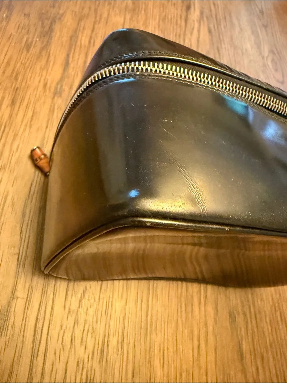 Vintage GUCCI Black Patent Leather Bamboo Vanity Cosmetic Case Bag
